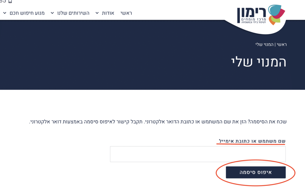 תמונת איפוס סיסמא - התחברות לאתר מרכז רימון